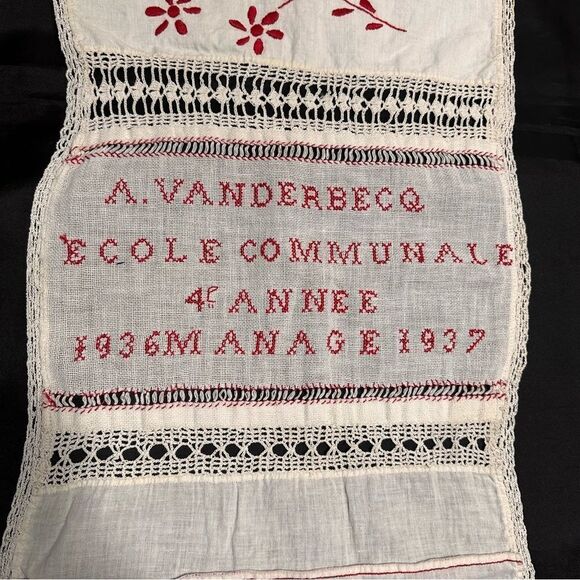 Vintage 1936-37 Belgian Student Handmade Linen Embroidery Needlepoint Sampler - Picture 2 of 11